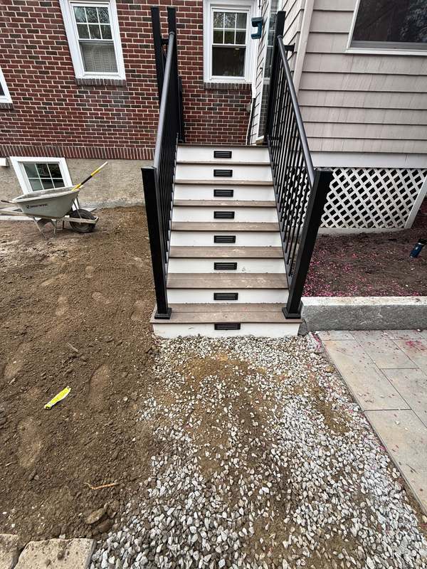 View down a newly built deck staircase